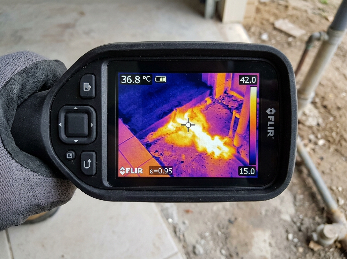 Thermal imaging scan revealing hot water line heat plume under tile flooring in Weston