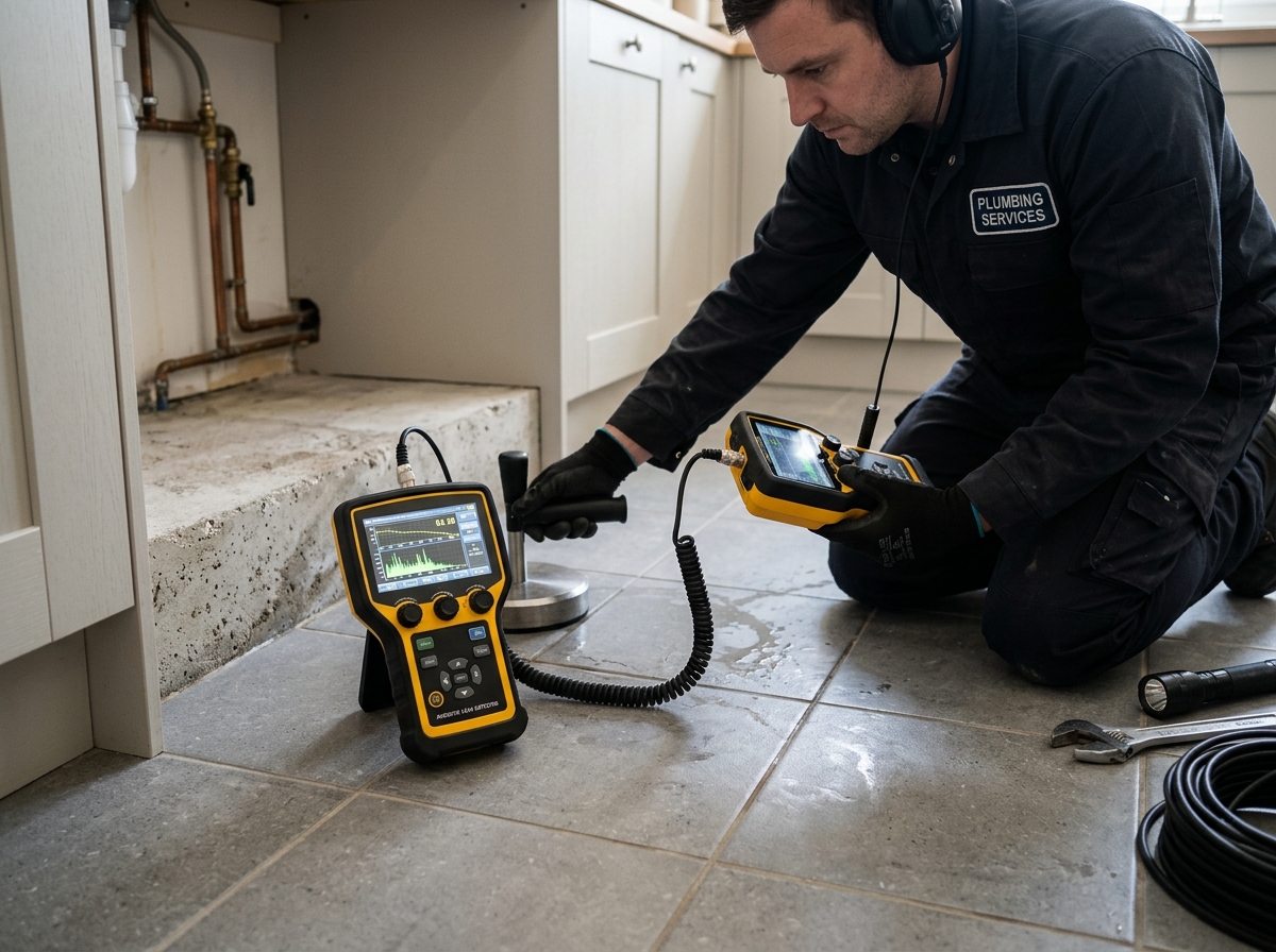 Plumbing diagnostic report and documentation being prepared for slab leak insurance claim in Weston